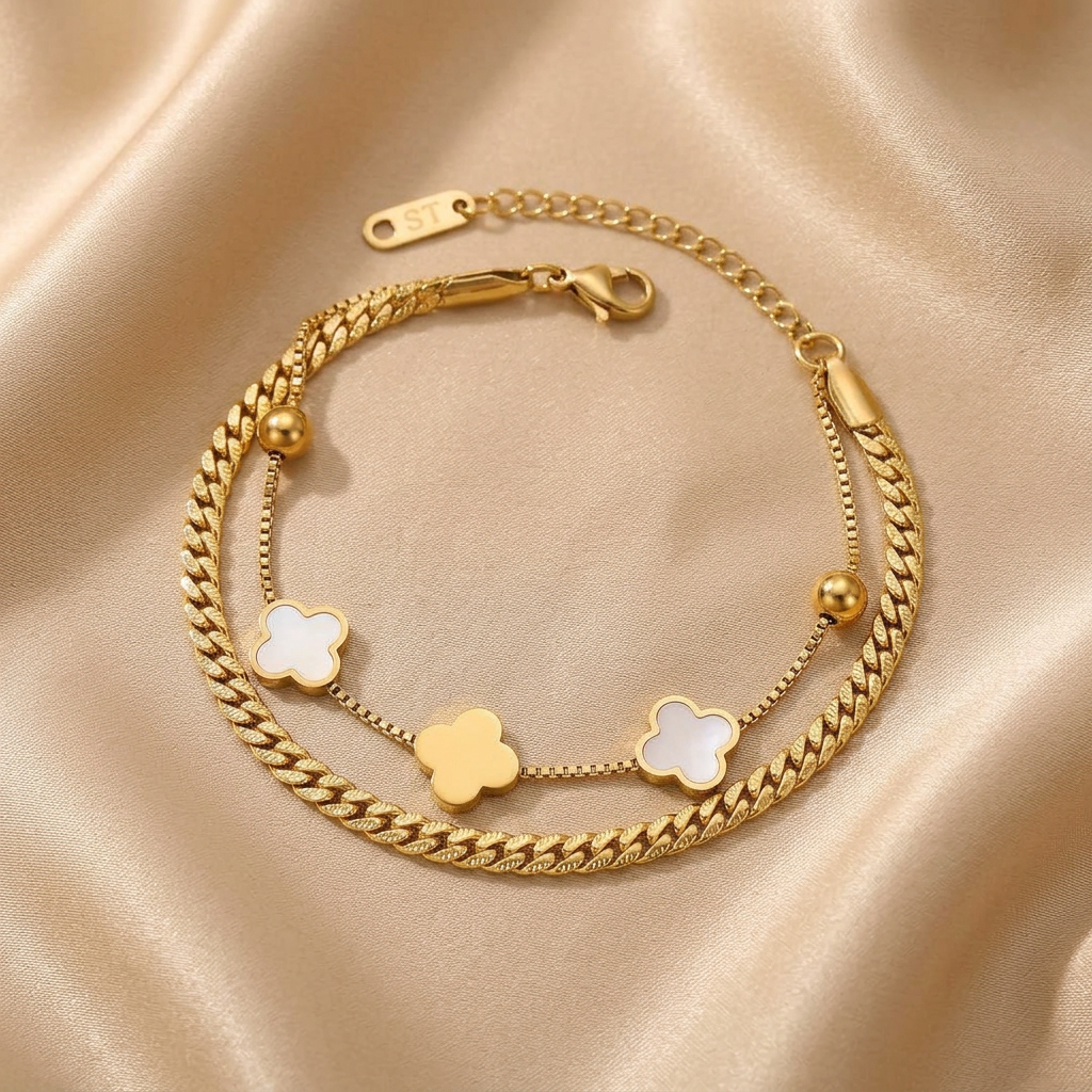 Bracelet Double Chaîne Trèfles Doré