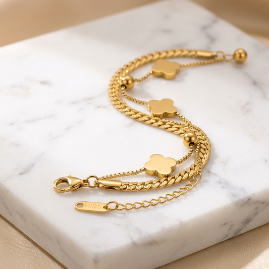 Bracelet Double Chaîne Trèfles Doré