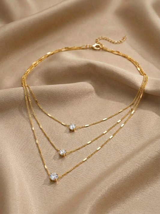 Collier Triple Rang Cristaux Doré