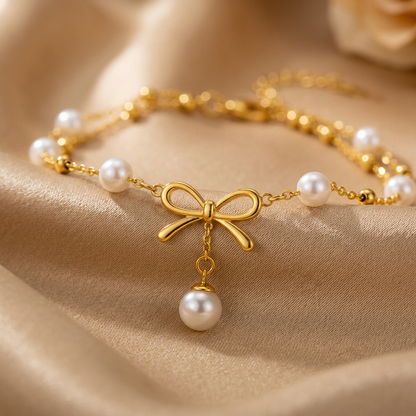 Collier Cheville Nœud & Perles Doré