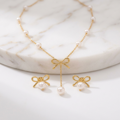Set Collier + Boucles Nœud Perles Doré